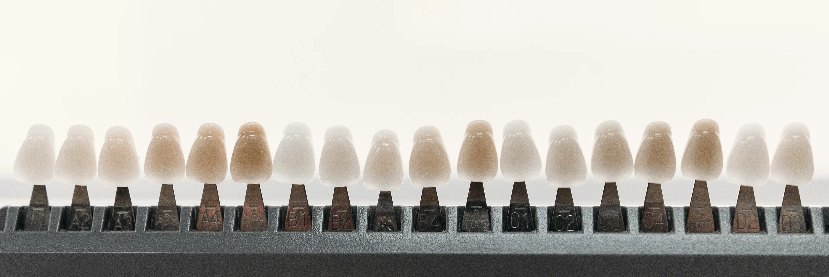 A porcelain shade guide: a row of tabs in the shades of natural teeth.